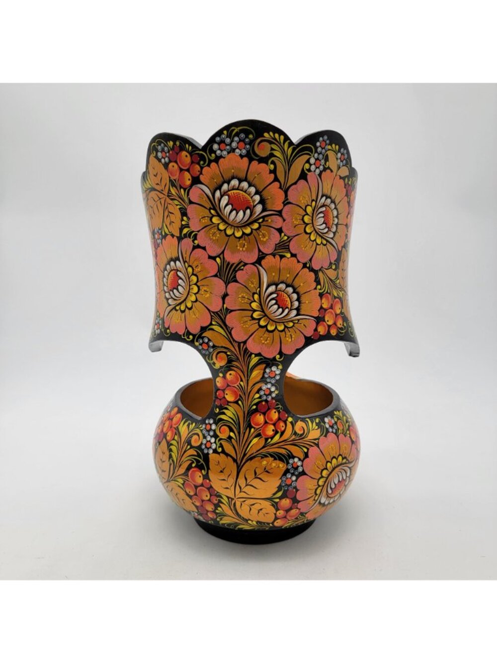 Vintage Khokhloma Folk Art Grouse Bowl Lacquerware W/ Floral Motif - Picture 3 of 8